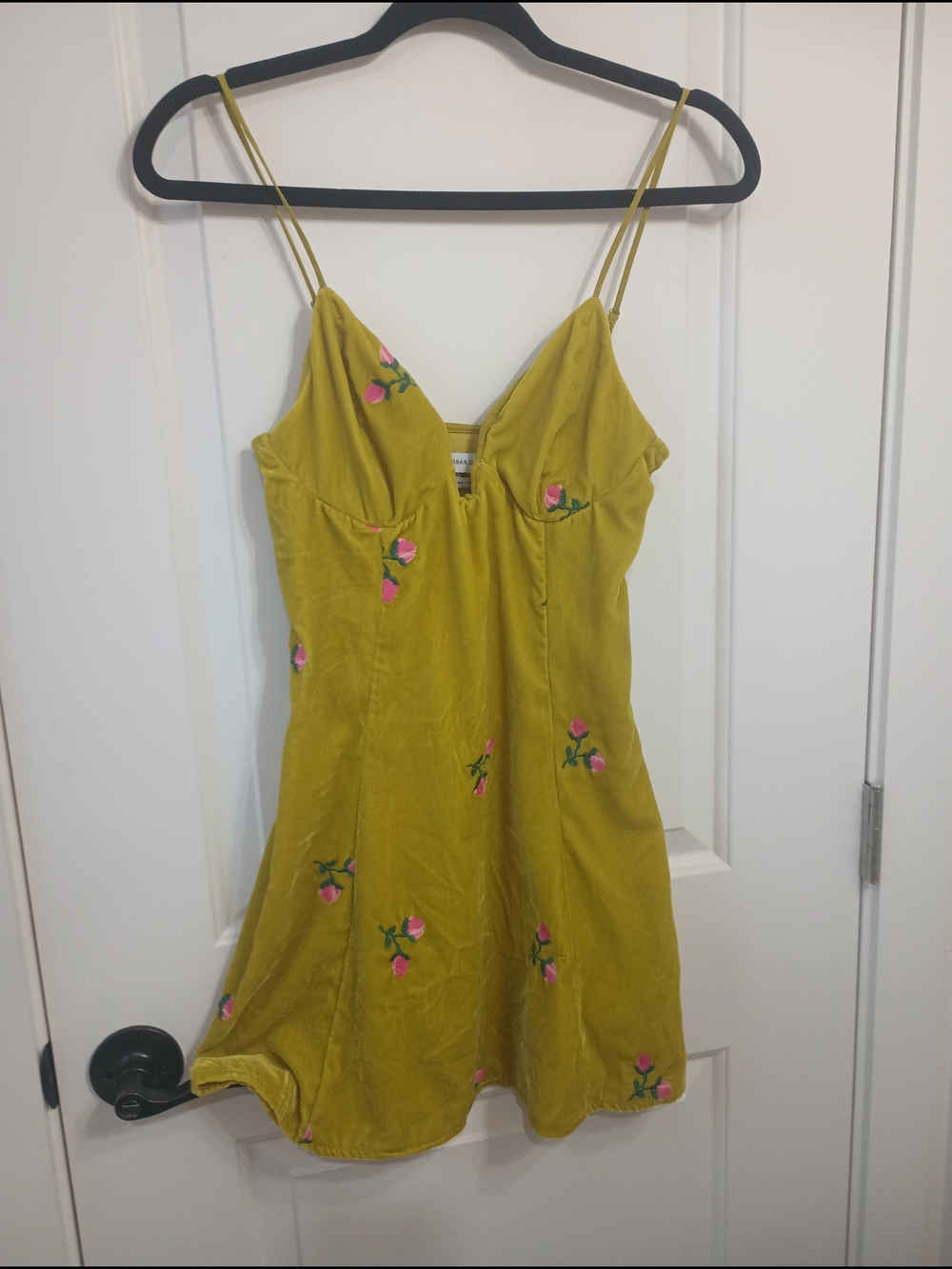 Urban Outfitters Yellow-Green Embroidered Floral Slip Dress